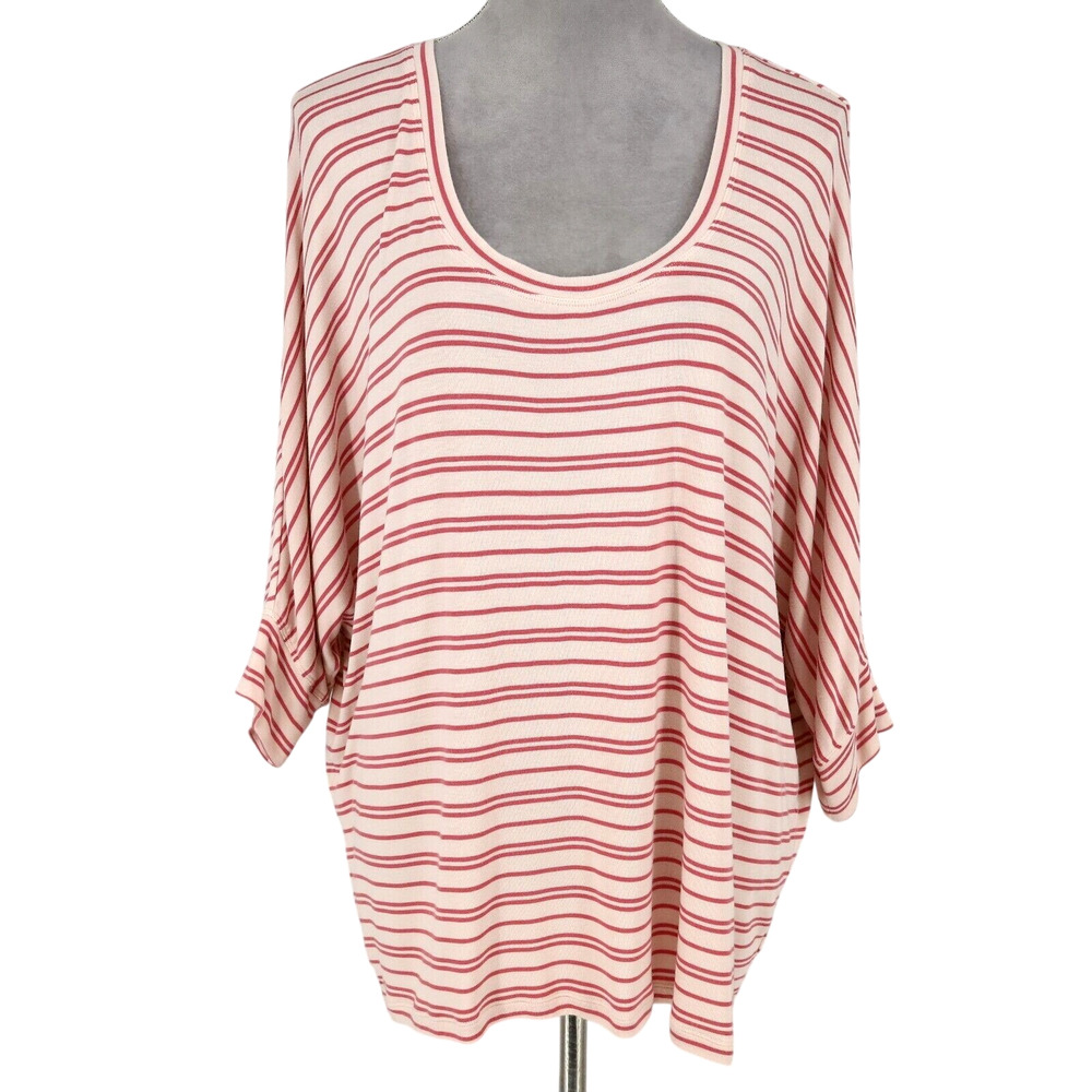 Cabi Top Womens Large Beige Pink Stripe T-shirt Stretch Knit Pullover Oversized